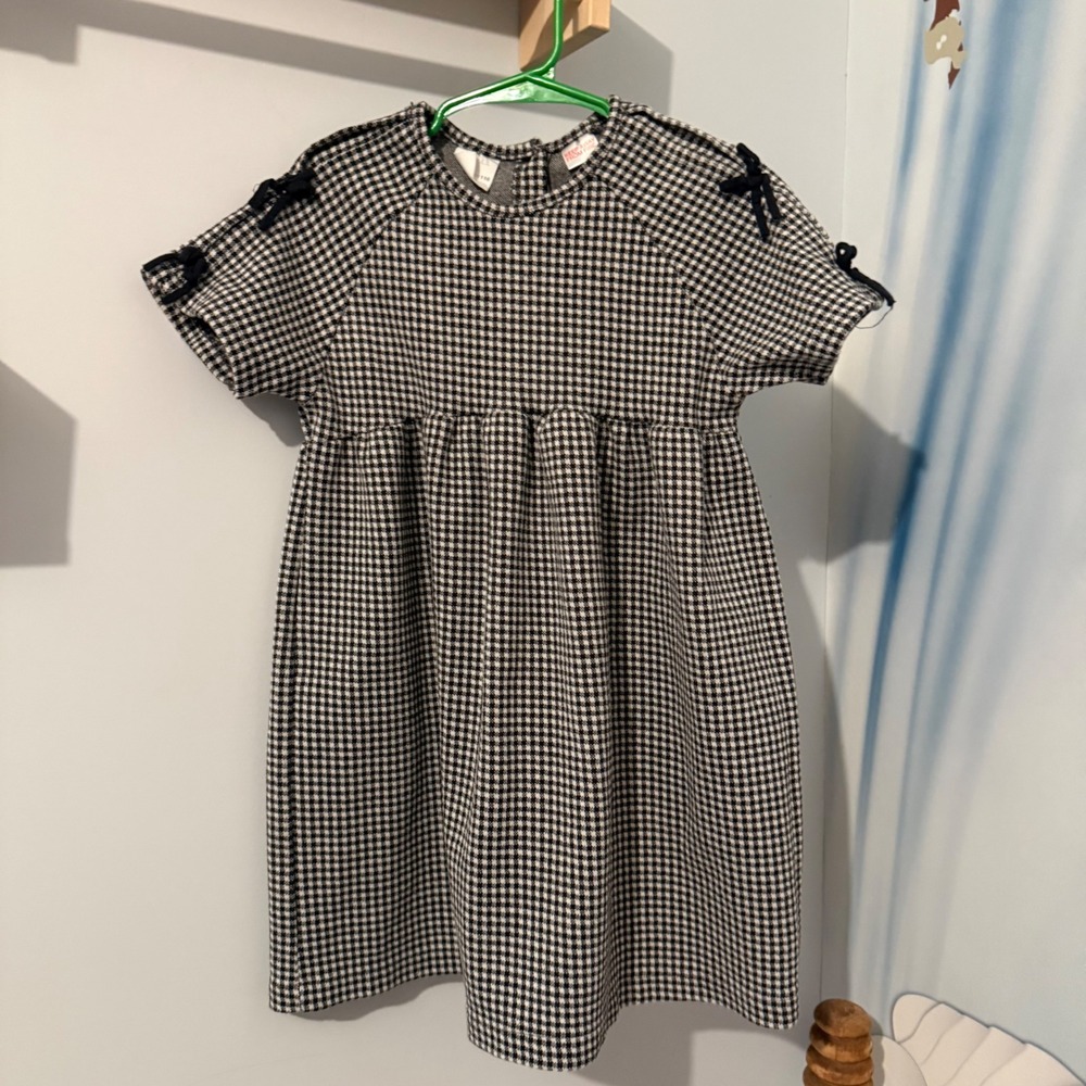Zara Girls Houndstooth Babydoll Dress Black White Bows Fits Like 5